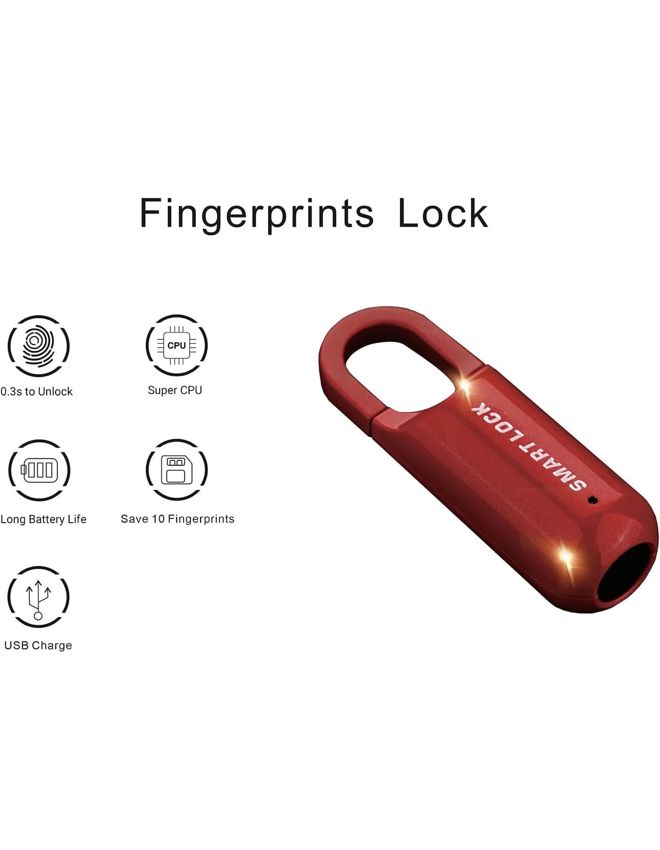 cadena à empreinte digitale, verrou biométrique étanche et rechargeable USB, mémorise 10 empreintes,pour casier d'école, valise, bagage, salle de sport, armoire professionnelle, porte en fer (ROUGE)