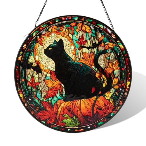 Stained Glass Window Hanging Halloween Decorations Black Cat Maple Leaf Suncatcher for Doors Garden Indoor Funny Spooky Sun Catchers Gothic Decor for Women Men and Mom 7.8 in