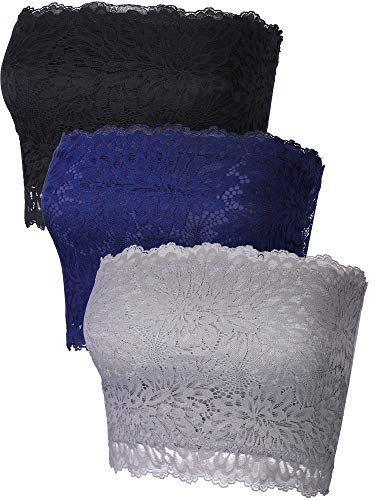 3 Pieces Lace Cami Strapless Bandeau Floral Lace Tube Top Stretchy Tank Camisole Bra (Black, Deep Blue, Gray, Small)