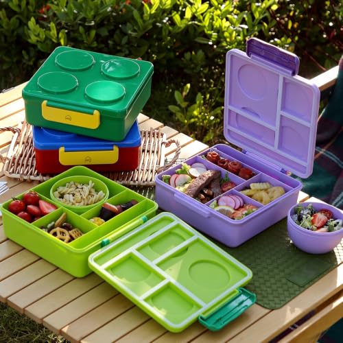 Image of House of Quirk 'NomNom' 1800ml Building Block Bento Lunch Box with 300ml Bowl, Microwave Safe, 3 Compartments, Spoon, Fork & Knife for School, Office & Picnic (Red /Blue)