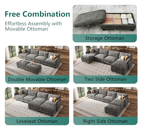 Image of Modular Sectional Sofa, 132 inch U Shaped Couch with Storage, Chenille | High Resilience Foam, 22 inch Seat Depth, Movable Ottoman, Comfy Chenille, Easy Assembly, Dark Gray