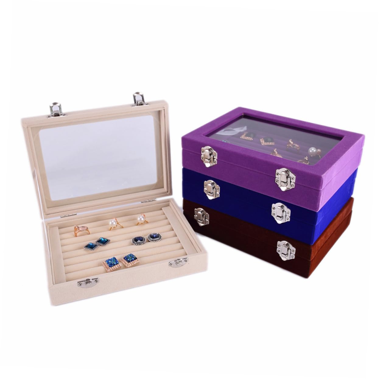 SHERCHPRY 2piezas Organizador De Joyería Tapa Transparente y Cerraduras De Seguridad Caja De Almacenamiento Para Anillos y Pendientes Para Niñas y Mujeres Compacto Beige