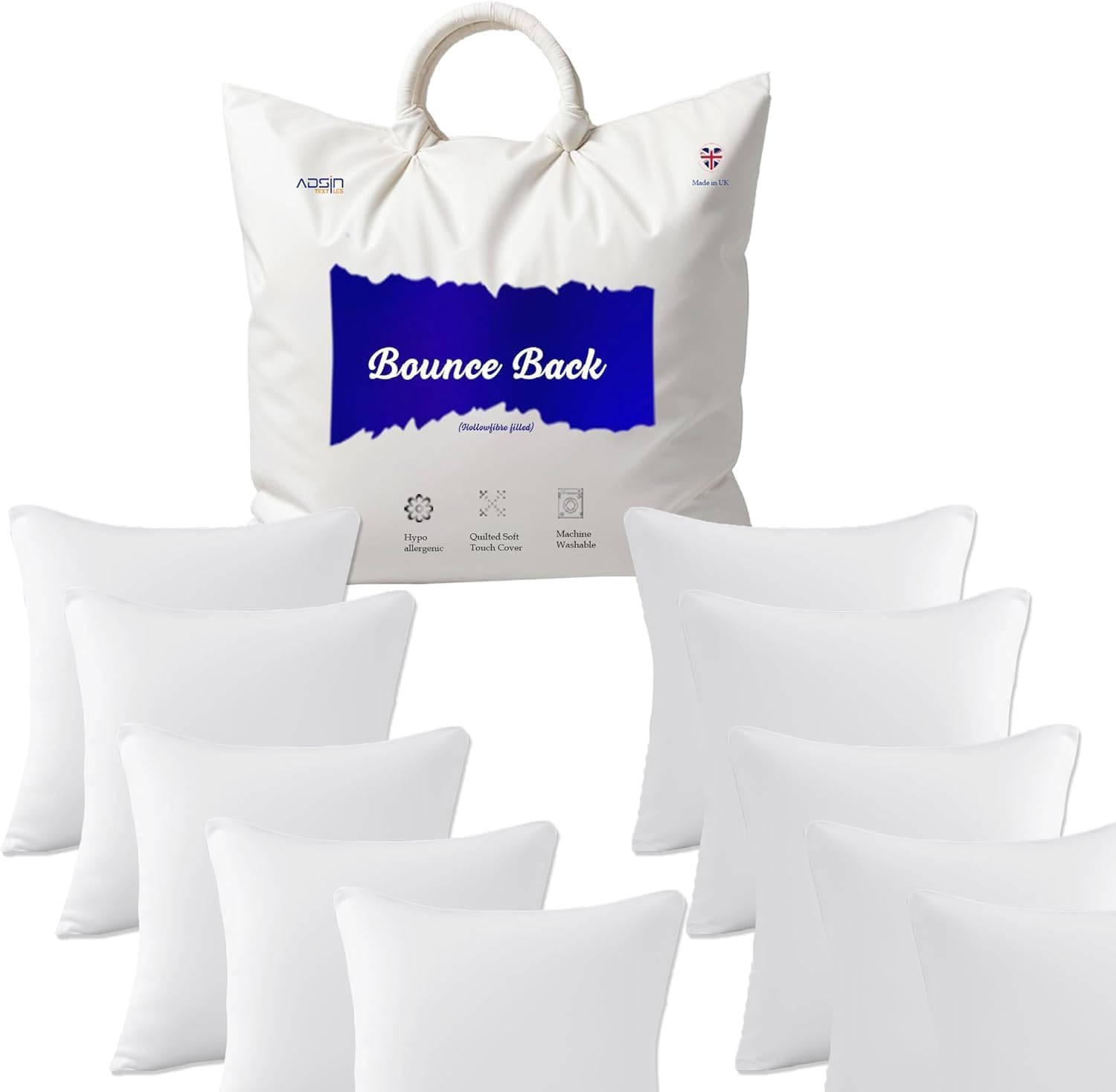 Adsin White Set Of 10 – 43Cm X 43Cm Odd Size Hollowfibre Cushion Pads New Inners Stuffer Square Pillow Insert Sofa Throw Hypoallergenic (Pack Of 10 | 17" X 17")