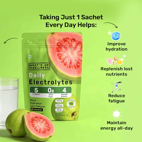 Image of What's Up Wellness Daily Electrolytes Powder - Juicy Guava Flavour | Zero Added Sugar | Instant Hydration - Sodium, Potassium, Magnesium & Zinc | Vegan | 15 Sachets