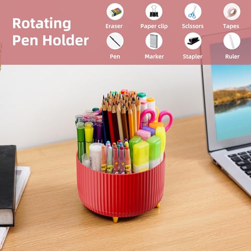 Image of Marbrasse Desk Organizer, 360-Degree Rotating Pen Holder for Desk, Desk Organizers and Accessories with 5 Compartments Pencil Organizer, Art Supply Storage Box Caddy for Office, Home (Red)