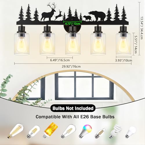 Image of Rustic Bathroom Light Fixtures with Deer Bear,5-Light Vanity Lamp | Farmhouse rustic style, Deer Bear Design,Clear Glass Shade,Wall Light for Bathroom, Hallway, Kitchen, Porch,Study, Bar