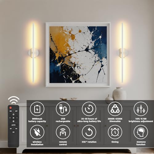 Image of Wall Sconces Battery Operated Set of Two, White LED Wireless Wall Sconce with Remote Control 350 Rotate, 27.6 Inch Dimmable USB Rechargeable Wall Lights for Living Room Bedroom Hallway