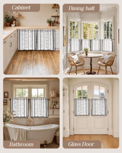 Image of Miss Adola Boho Kitchen Curtains - 24 Inch Length Linen Blend Modern Striped Cafe Curtains Tassels Tier Curtain Short Drapes Rod Pocket for Bathroom Living Room Windows Light Filtering, 2 Panels
