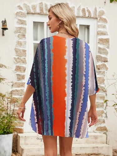 Image of Chunoy Women Summer Tie Dye Striped Open Front Beach Tops Chiffon Kimono Cover Up Lightweight Cardigan X-Large