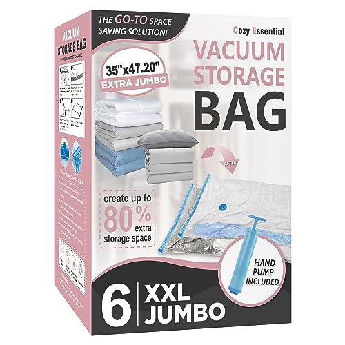 6 Pack XXL Jumbo Vacuum Storage Bags, Extra Large Vacuum Seal Bags for Comforters, Bedding, Blanket Storage, Giant Space Saver Bags for Huge Stuffed Toy (47.2x35 in)