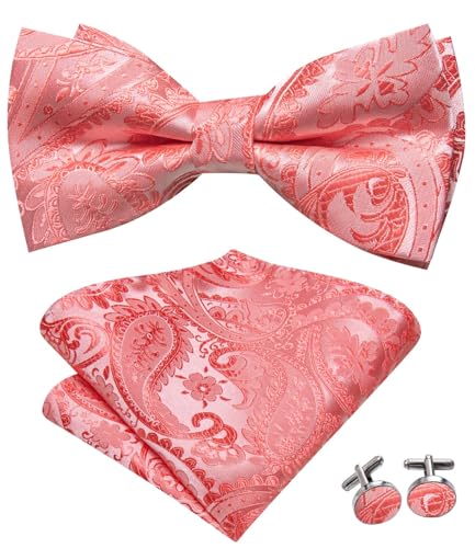 Image of Hi-Tie Bow Tie Men Pre Tied Bowtie Pocket Square Cufflinks Lapel Pin Formal Wedding Bow Ties for Men Party Tuxedo Bowtie Set,Coral Pink Paisley Floral