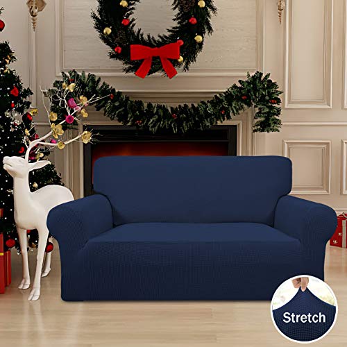 Image of Easy-Going Stretch Loveseat Slipcover 1-Piece Sofa Cover Furniture Protector Couch Soft with Elastic Bottom for Kids Polyester Spandex Jacquard Fabric Small Checks (Loveseat, Navy)