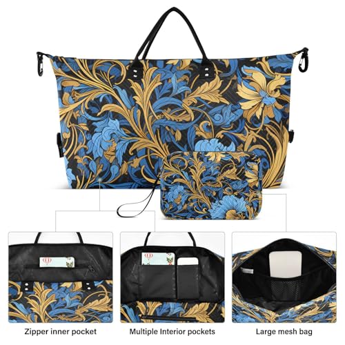 Flower Travel Duffle Bag Gym Bag, Retro Golden Blue Pattern Weekender Bags for Women with Toiletry Bag Travel Tote Bag Swim Bag2