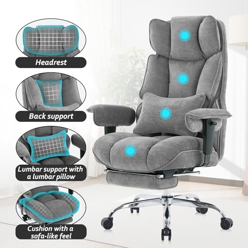 Image of Efomao Executive Office Chair 400lbs, Grey Fabric Big and Tall Desk Chair | Breathable fabric, pocket spring & foam seat, retractable footrest, 135 recline for computer gaming setup