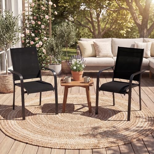 Image of Giantex Patio Chairs Set of 2, Stackable Outdoor Dining Chairs with Breathable & Quick-Dry Mesh Fabric, Armrests, Backrest for All Weather, Lawn, Backyard, Poolside, Porch, 350 LBS Capacity