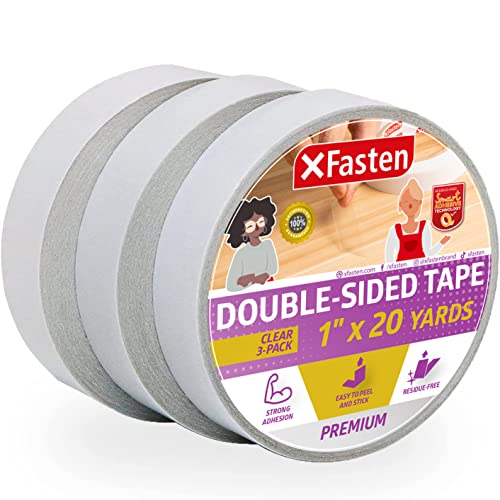 XFasten Lot de 3 rubans adhésifs double face transparents, amovibles, 2,5 cm par 20 m, parfaits comme ruban d'emballage cadeau, pour tenir des tapis et le travail du bois Cover