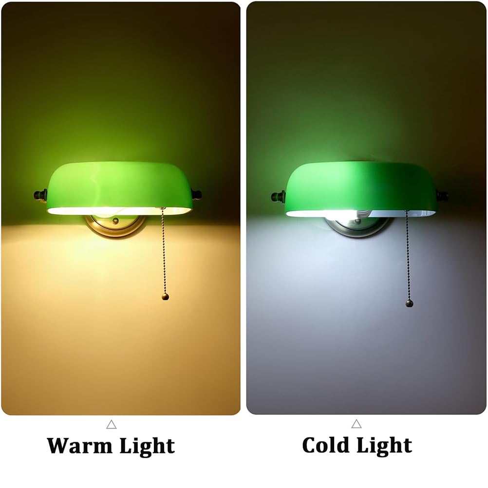 Zielona kinkiet bankier z przełącznikiem, klasyczna lampa bankierska, styl retro, tradycyjny, zielony, regulowany szklany klosz, lampka nocna do sypialni, korytarza, biblioteki