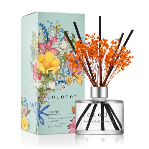 COCODOR Flower Reed Diffuser Set / 6.7oz / Dark Vanilla&Sandalwood/Scent Diffuser with Sticks Home Fragrance Reed Diffuser for Bathroom Shelf Decor