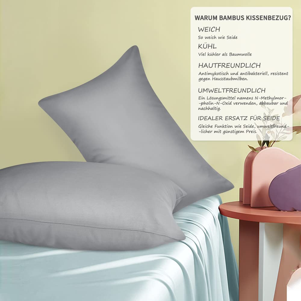 Fittia 2er-Set Lyocell Bambus Kissenbezug Bambusfaser Kopfkissenbezug Kissenhülle Seidig weichkühlend atmungsaktiv mit verdecktem Reißverschluss, Silbergrau, 40x80cm
