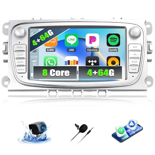 8 Cœurs 4 + 64G Android 13 Autoradio pour Ford Focus/S-Max/Mondeo 9/Galaxy II/C-Max/Kuga avec Carplay Android Auto, Radio à écran Tactile 7