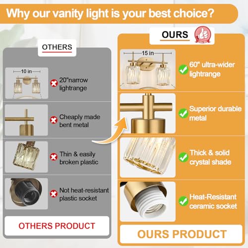 Image of Modern Crystal Bathroom Vanity Light, 2-Light Brushed Gold Bathroom Light Fixtures with Clear Shades, Vanity Lighting Fixtures Over Mirror (Exclude Bulb)