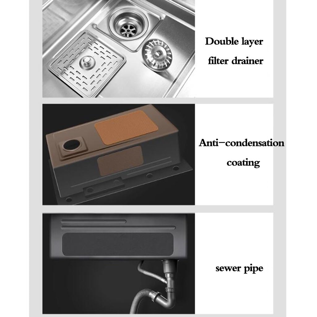 Lavello a sifone in acciaio inox color argento con rubinetto, rondella e cestello di scarico, lavello da cucina, piano di lavoro per lavastoviglie integrato, piscina fognaria controllata