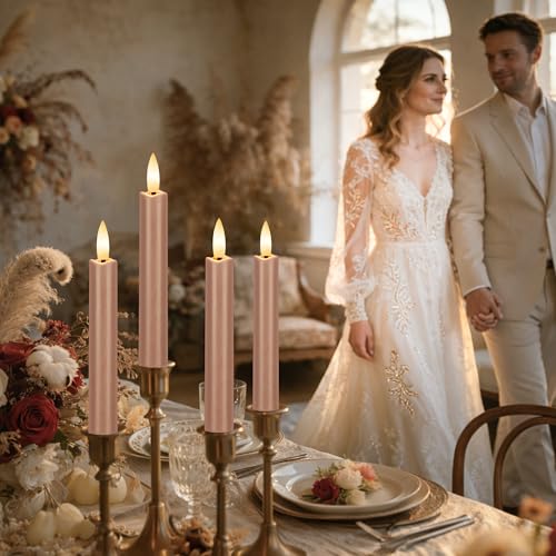 Image of Brown Flameless Taper Candles with Remote, Short Battery Operated LED Candles, 6.4inch Flickering Flameless Candlesticks for Table Centerpiece, Farmhouse, Mantel, Window Decor, Set of 6