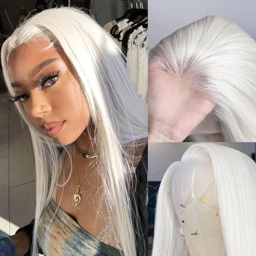 Fugady 13x4 Glueless White Wig Straight Synthetic Lace Front Wig Pre Plucked 250 Density Hd Lace Wig With Baby Hair Heat Resistant Wigs For Women 26 inch Grey Silver Platinum Blonde Wig