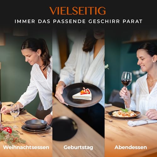 Mikawi 12-teiliges Geschirr-Set aus Steinzeug – Prairie Linie-edles Design im braun/schwarz Farbton, Service bestehend aus 4 Speisetellern, 4 Desserttellern und 4 tiefen Tellern/Premium Kollektion