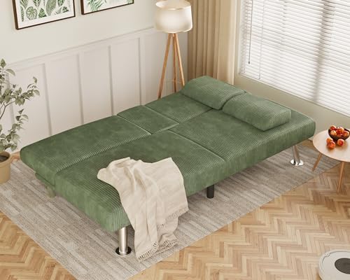Flamaker Futon Sofa Bed Corduroy Folding Couch Adjustable Sleeper Sofa Bed for Small Apartment Upholstered Living Room Furniture Set with 2 Cup Holders Removable Armrests (Green) 3 51zZdGe7 0L. AC