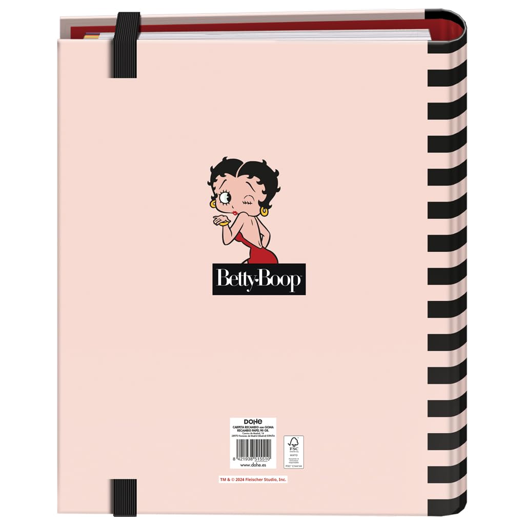 Dohe Betty Boop Ordner mit 4 Ringen, 100 Blatt, A4, Gummiverschluss, 4 farbige Trennblätter, Dokumententasche, Papier 90 g/m², Kompressor, Schulmaterial