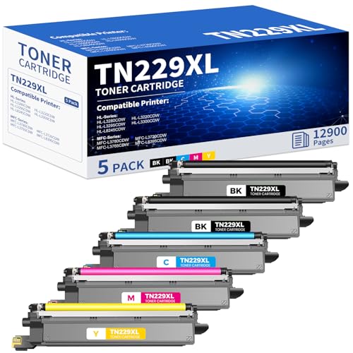 Image of TN229XL Toner Cartridges 5 Pack Compatible for TN229XL TN-229XL TN229 XL 5PK Toner Cartridge High Yield Work With MFC-L3720CDW MFC-L3780CDW MFC-L3765CDW HL-L3280CDW (5 Pack TN229XL, BK /C /M /Y)