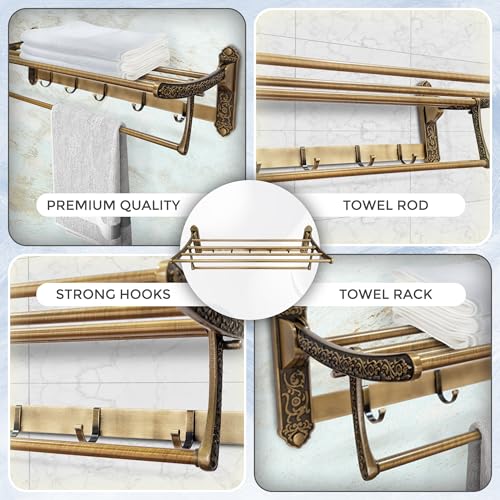 Image of iBELL 60 cm (23.6-Inch) Golden Antique Stainless Steel Folding Towel Rack for Bathroom | 90 Foldable Space-Saving Towel Stand | Towel Hanger | Bathroom Accessories