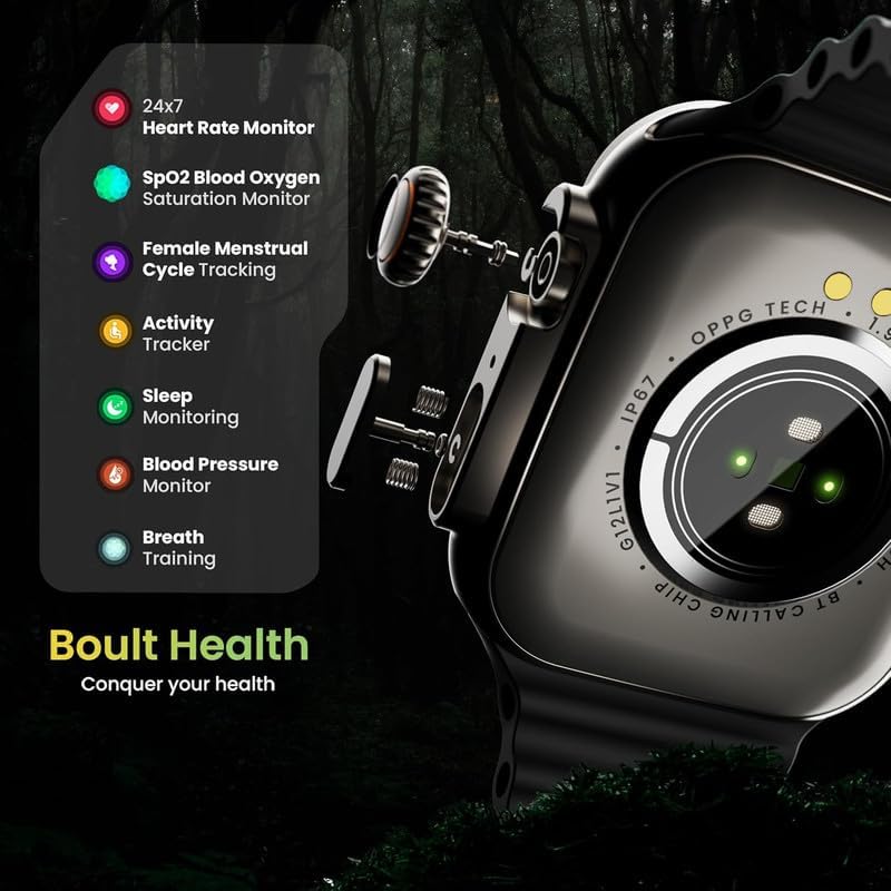 Back of smart watch showing health sensors and list of health features