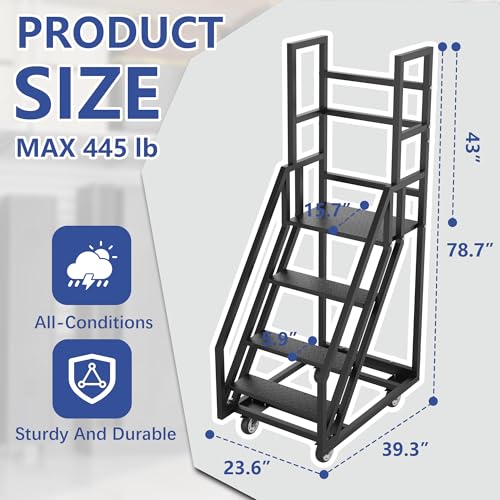 Image of 4 Step Mobile Home Stairs,39.3 inch W x 23.6 inch D x 78.7 inch H Movable Industrial Rolling Stairs,Handrails Anti Slip Storehouse Stair Ladder with Wheel,Suitable for Libraries Storehouse