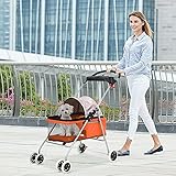 HHS Dog Stroller Pet Stroller 4 Wheels Traveling Folding Lightweight Pet Carrier for 2 Medium Small Dogs & Cats Portable Strolling Jogger Trolley with Cup Holders and PVC Wheel Brake, Orange