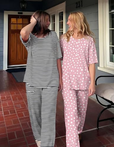 Image of Ekouaer 2 Pack Womens Pajamas Sets Short Sleeve Long Pants Pjs Lounge Set
