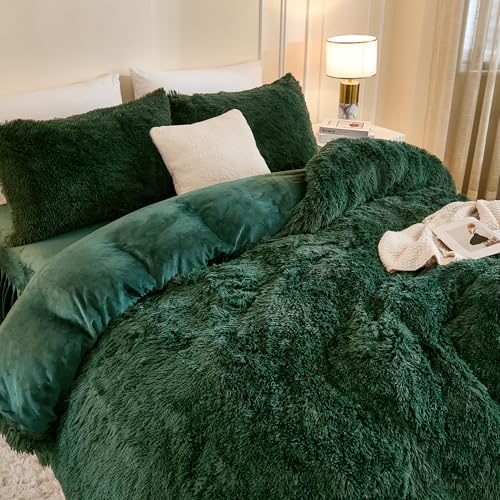 Andency Fluffy Emerald Green Comforter Set King Size, 3 Pieces Winter Faux Fur Warm Soft Fuzzy Plush Bedding Comforter Set (1 Velvet Comforter & 2 Pillowcases), Thick Heavy Puffy Comfy Bedding Set