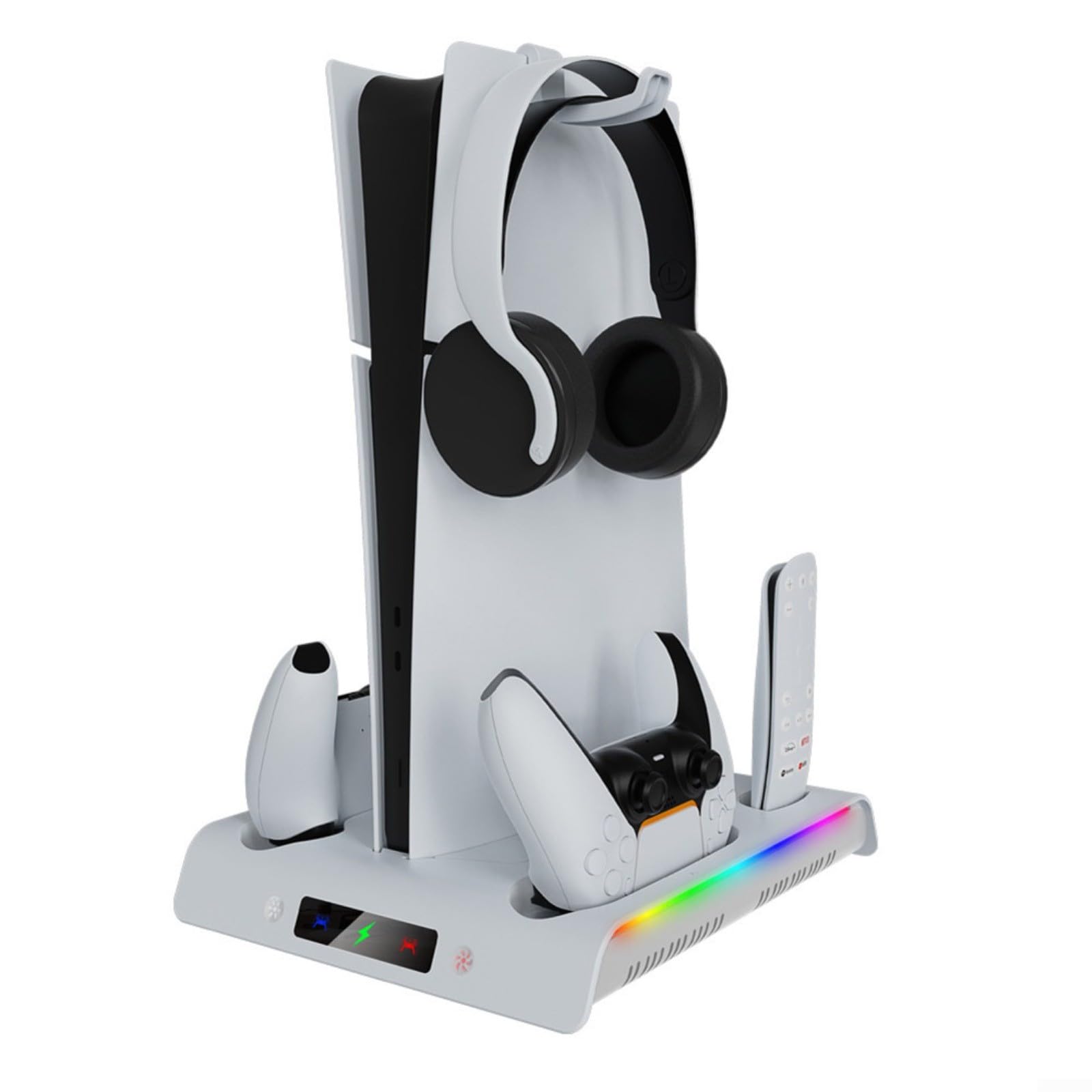 Base di raffreddamento sottile per PS5 con tre velocità della ventola RGB a 7 colori e supporto di ricarica doppio per PS5 PRO e controller PS5 Slim
