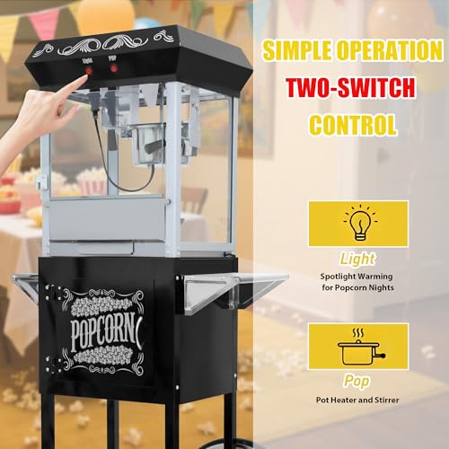 Image of Popcorn Machine with Cart & Wheels - Popcorn Popper with 10OZ Stainless Steel Kettle, Pop corn Machine Maker for Home, Parties, Movie Theater, Black
