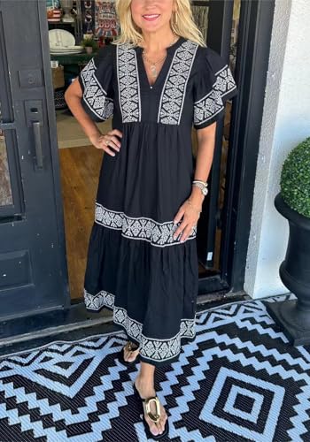 chouyatou Women's Summer Printed Floral Dress Casual Notch Neck Cotton Midi Long Mexican Tunic Dress2