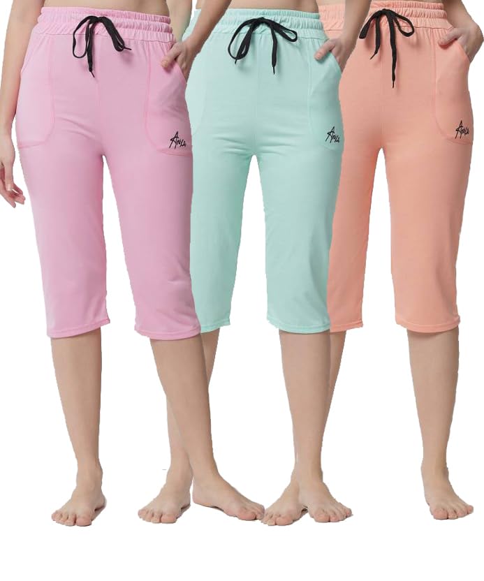 Women’s Cotton Capri Pants, Knee-Length with Drawstring Waist – Pack of 3 Comfortable Summer Shorts