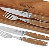 Steakchamp Premium Steakbesteck „4 Musketeer“, Klingen aus hochwertiger Stahllegierung X50CrMoV15 (Klingenstahl 4116), 2 Steakmesser und 2 Steakgabeln in schöner Geschenkbox, Holz, 20cm