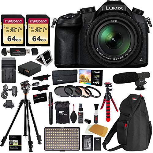 Panasonic Lumix DMC-FZ1000 4K QFHD/HD 16X Long Zoom Digital Camera (Black) + 64GB U3 SDXC X2 + Vanguard Tripod + Shotgun Mic + LED Light Kit + Spare Battery and Charger + Case + Extra Accessories