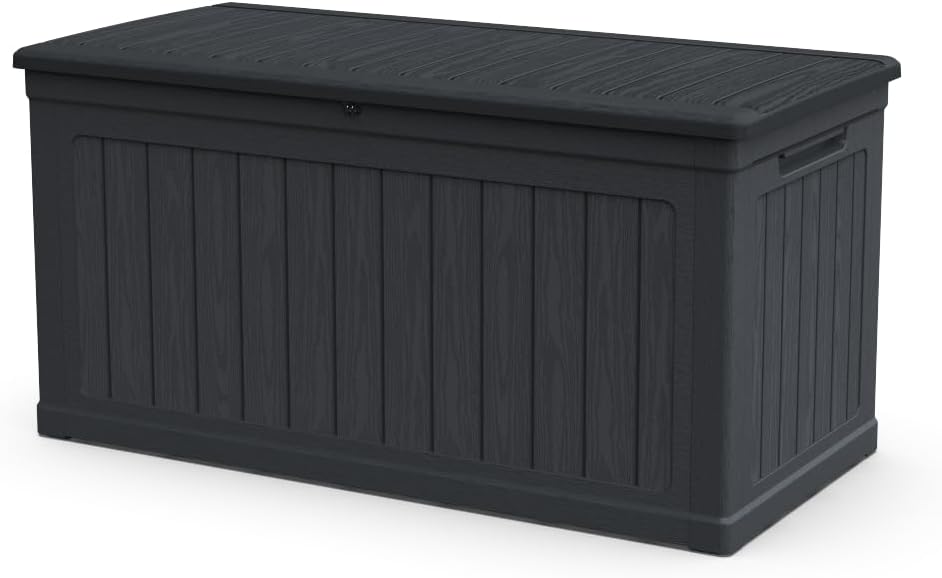 Large Outdoor Storage Deck Box for Patio Furniture, Cushions, Garden Tools and Sports Equipment – Weather-Resistant Resin with Secure Lid (Black + Plastic)