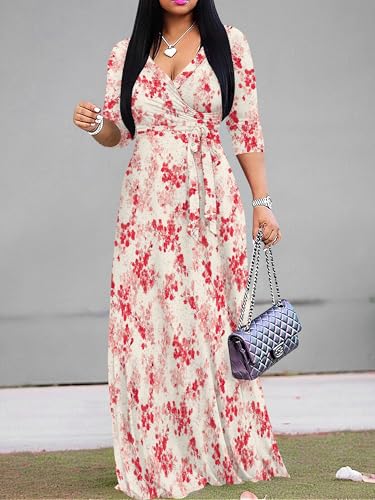 Image of Women's V Neck Floral Maxi Dress 3 /4 Sleeve Plus Size Boho Wrap Flowy Long Dresses with Belt