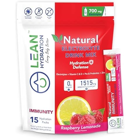 LEAN Hydration Natural Electrolyte Immune Formula - Boost Immunity and Stay Hydrated with Zero Sugar and No Artificial Flavors or Sweeteners 15 ct Packets (Raspberry Lemonade) Cover