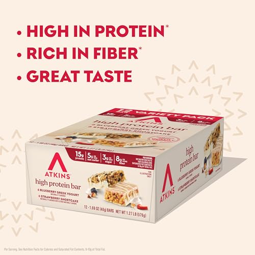 Image of Atkins Blueberry Greek Yogurt & Strawberry Shortcake High Protein Bar, High Fiber, Keto Friendly, 12 Count (6 Bars Each Flavor)