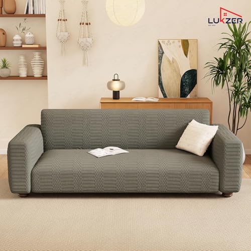 Image of Lukzer 2 Seater Pastel Dark Grey Dotted Stripe Pattern Sofa Cover | 240 GSM Universal Stretch Fit Jacquard Fabric Couch Protector | Fully Covered Anti Slip & Washable Sofa Cover (SC-133-02 /140-180cm)