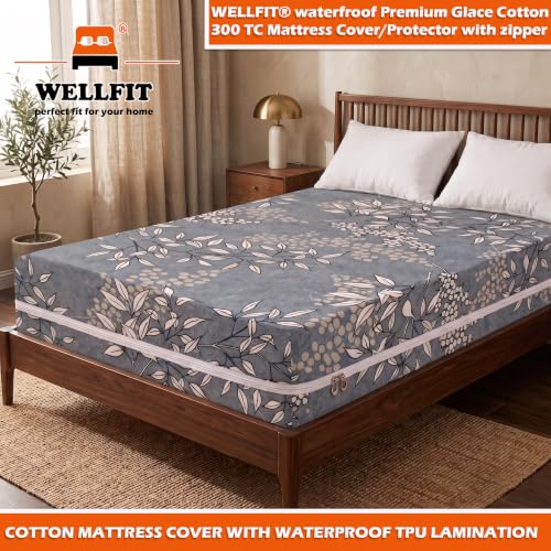 Image of WELLFIT Waterproof Premium Glace Cotton 300 TC Mattress Protector Single Size | 36x72x6 Inches | Bed Cover with Zip | Mattress Cover with Zipper Chain | 3x6 Ft Mattresses